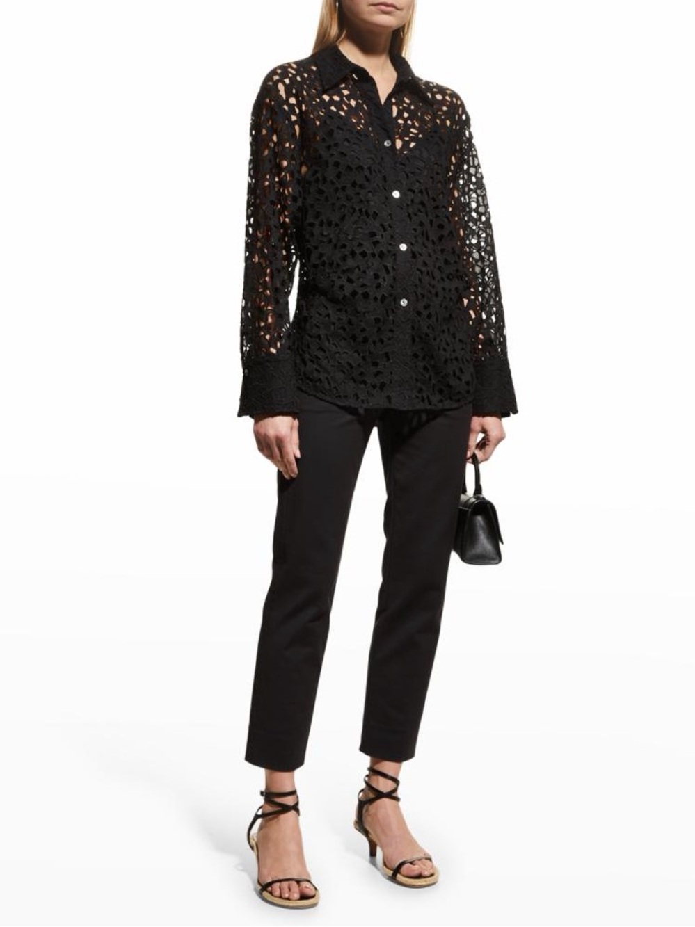 Vince. Black Sculpted Lace Cut Out Unlined Long Sleeve Button Down Shirt